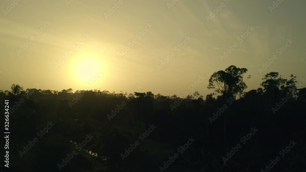 Sunrise over Amazon rainforest treetop canopy, aerial panning landscape view