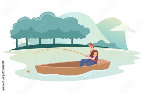 A fisherman is fishing using a boat in a river