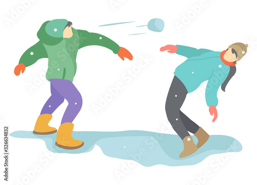 Two people are playing in the snow by throwing each other using snowflakes