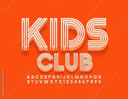 Vector bright logo Kids Club. Modern Alphabet Letters and Numbers. Original 3D Font. 