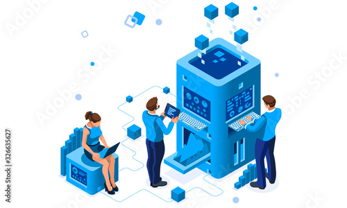 Collection, database graphs. Desktop chart analyzing, statistics visualization concept. Interacting people. 3d isometric vector illustration.