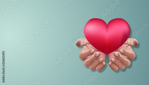 Happy World health day, Human hands holding love heart. realistic 3d style in green background with copy space. Healthcare and medical concept.
