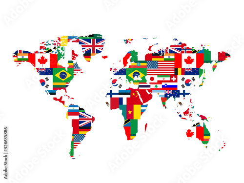 A lot of flags of sovereign states in world map shape on a white background