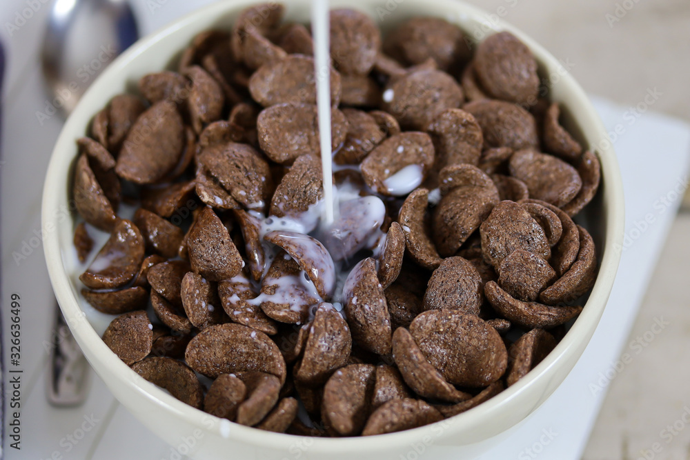 bol de céréales soufflés au chocolat et lait bol de céréales soufflés au chocolat et lait
