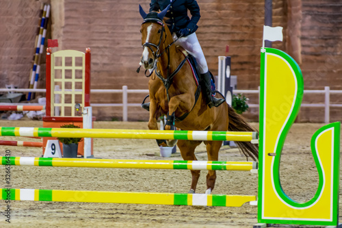 Horse Jumping an obstacle during an equestrian competition on Blurred Background
