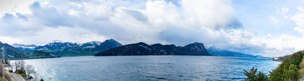 Extra wide panorama of Lake Lucerne. Alps mountains. Switzerland.