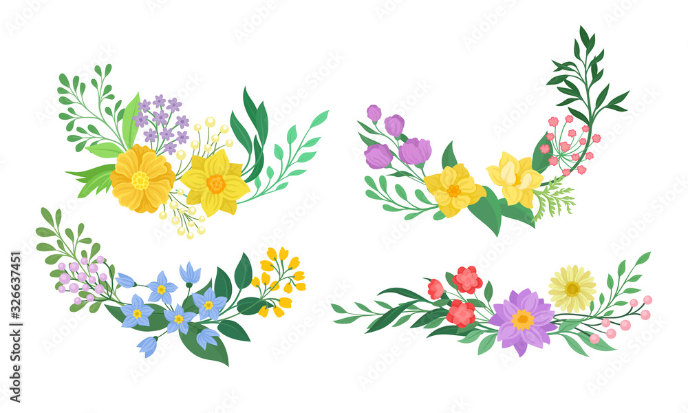 Floral Arrangement with Twigs and Flowers for Corner Decoration Vector Set
