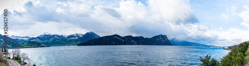 Extra wide panorama of Lake Lucerne. Alps mountains. Switzerland.
