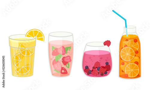 Fresh Cocktails with Ice Cubes and Sliced Fruits and Berries in Glass and Jar with Straw Vector Set. Refreshing Fruit Water