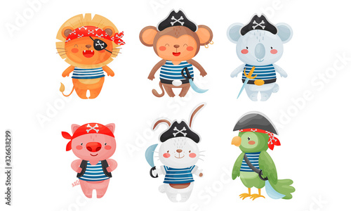 Animals Pirates Wearing Bandana and Hats with Crossed Bones Sign Vector Set