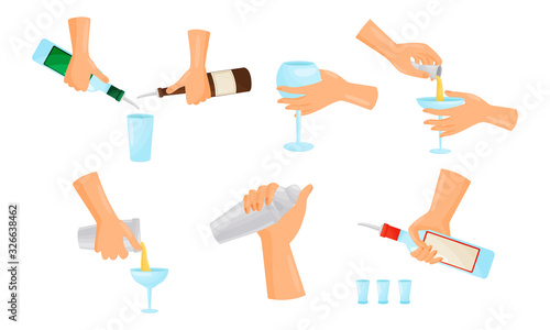 Bartender Hands Pouring and Mixing Cocktails Isolated on White Background Vector Set