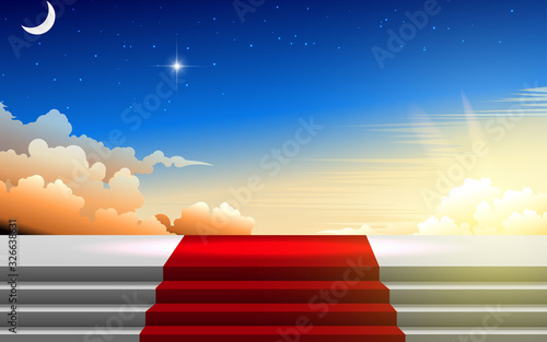 red carpet on the white stage with sunrise in the morning background