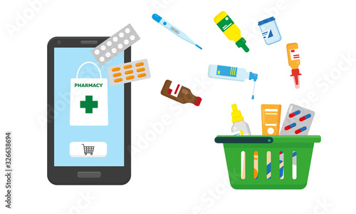 Online pharmacy concept vector illustration. Medication is flying from smartphone to shopping basket.
