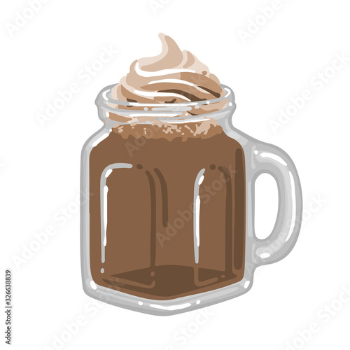 Glass square cup of milkshake, hot chocolate or coffee with whipped cream on the top