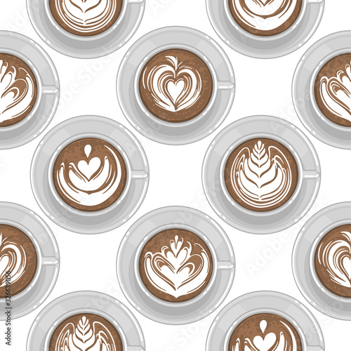 Round cups of coffee, cacao or hot chocolate with milk botanical art.