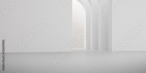 View of empty white room with arch design and concrete floor,Museum space, Chapel entrance, Perspective of minimal architecture. 3D render.