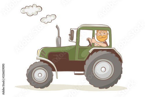 Cheerful tractor driver. Vector illustration, red man farmer rides in a green tractor	