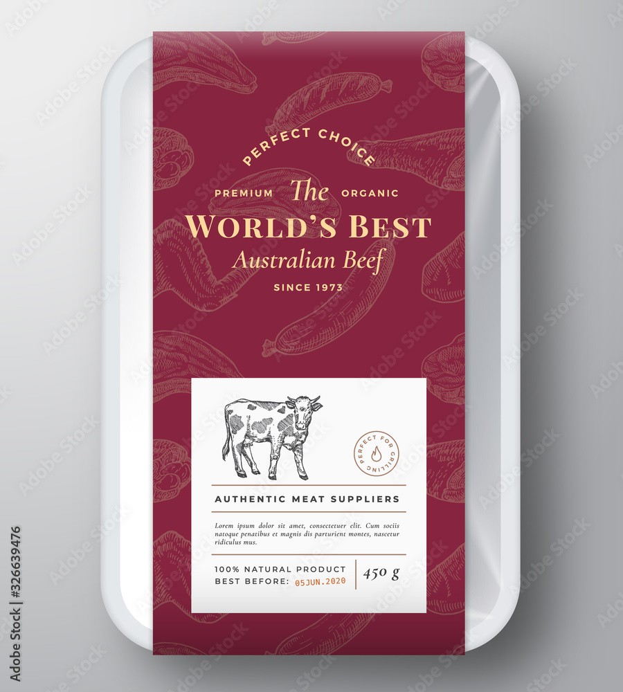 Worlds Best Beef Abstract Vector Plastic Tray Container Cover. Premium Meat Vertical Packaging Design Label Layout. Hand Drawn Cow, Steak, Sausage, Wings and Legs Sketch Pattern Background.