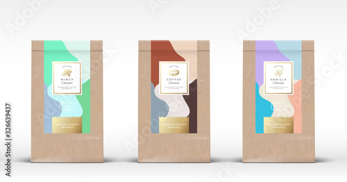 Craft Paper Bag with Chocolate Labels Set. Abstract Vector Packaging Design Layout with Realistic Shadows. Hand Drawn Mint and Vanilla Spice and Coffee Bean Sketch Silhouettes Background.