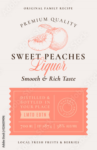 Family Recipe Peaches Liquor Acohol Label. Abstract Vector Packaging Design Layout. Modern Typography Banner with Hand Drawn Peach with a Slice Silhouette Logo and Background.