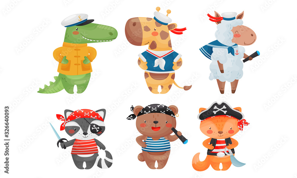 Fototapeta premium Funny Animals Sailors and Pirates Wearing Striped Vest and Bandana with Crossed Bones Vector Set