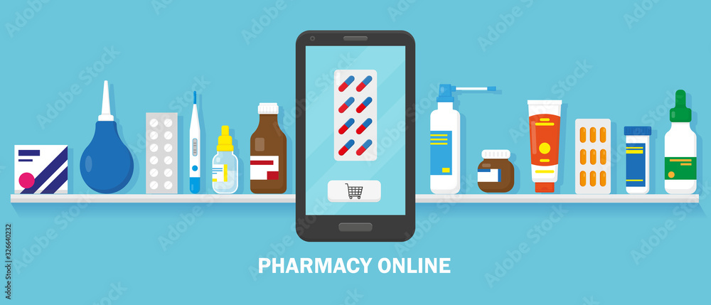 Online pharmacy concept. Medication on the shelf and smartphone for buying on the blue background. Vector illustrtion.