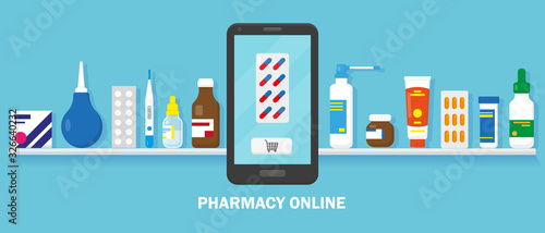 Online pharmacy concept. Medication on the shelf and smartphone for buying on the blue background. Vector illustrtion.