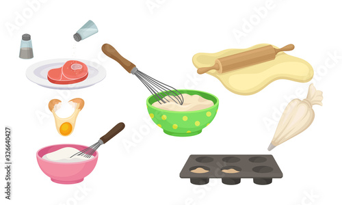 Cooking Process with Mixing, Rolling Out Pastry and Curing Bacon Vector Set
