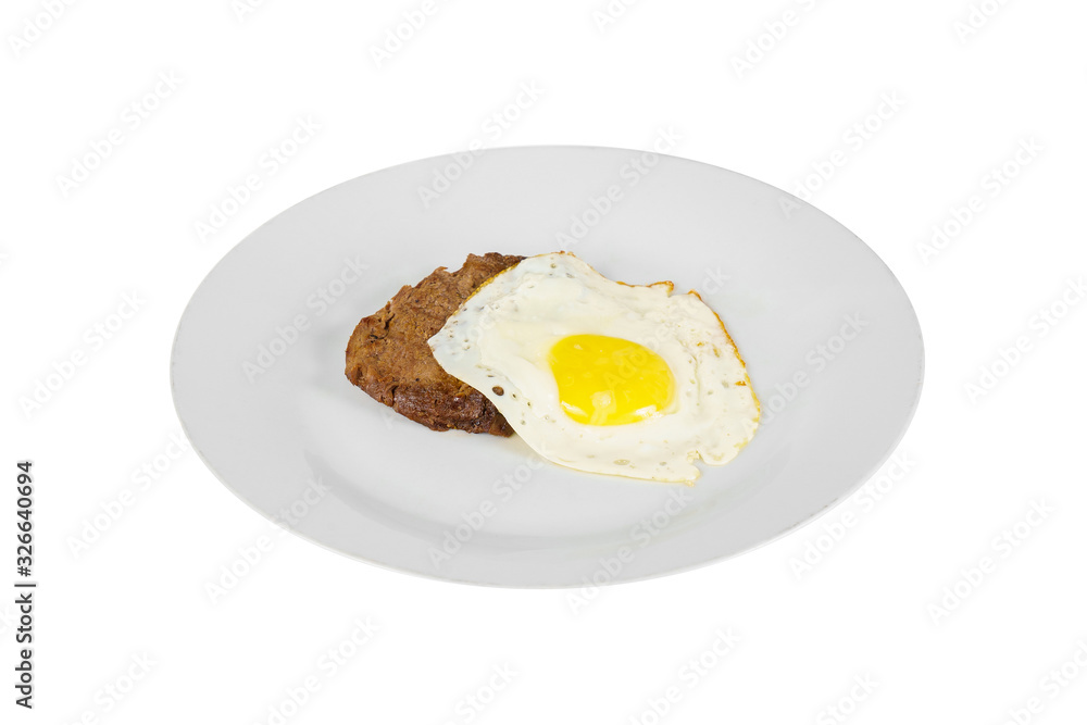 Cutlet, beef steak, lamb with scrambled eggs, on a plate, isolated white background. Side view. Serving for a cafe, a restaurant in the menu Cutlet, beef steak, lamb with scrambled eggs, on a plate, isolated white background. Side view. Serving for a cafe, a restaurant in the menu