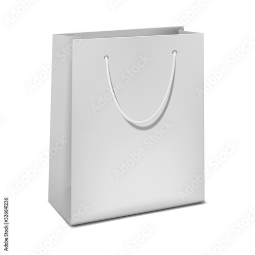 White merchandise bag with rope handles, realistic vector mockup. Blank paper shopping package, mock-up for design