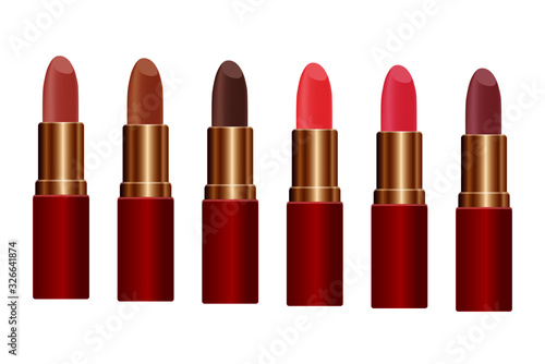 Spilled colorful lip gloss with applicators background. Makeup cosmetic products. Set of color lipsticks. Pink, red, brown and purple lipstick heads. Liquid matte lipstick palette. Vector illustration