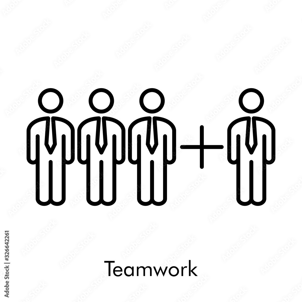Concepto de negocios. Símbolo de añadir en trabajo en equipo. Icono plano lineal en color negro Concepto de negocios. Símbolo de añadir en trabajo en equipo. Icono plano lineal en color negro