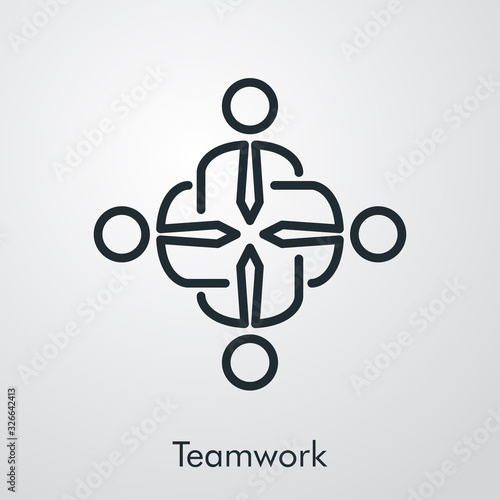 Símbolo trabajo en equipo. Icono plano lineal grupo de gente formando una cruz en fondo gris