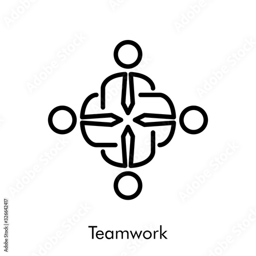 Símbolo trabajo en equipo. Icono plano lineal grupo de gente formando una cruz en color negro