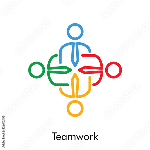Símbolo trabajo en equipo. Icono plano lineal grupo de gente formando una cruz en varios colores