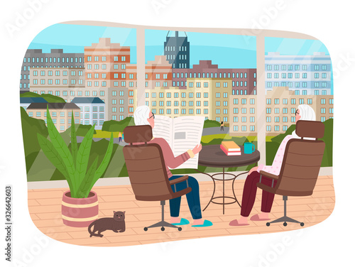Old man and woman in apartment reading newspaper by window with cityscape view. Senior people at home relaxing on retirement. Elderly characters in flat with pet cat. Modern interior design vector