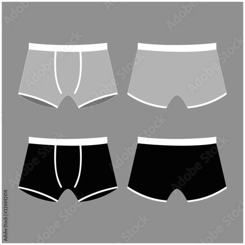 Set of men сolored boxer shorts. Underpants isolated on white background. Man underwear. Front and back views of men's underwear. Shorts. Kids clothes. Vector illustration