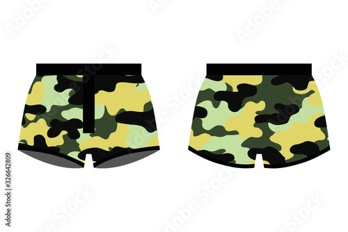 Men's underpants in a military style. Camouflage print. Underpants isolated on white background. Man underwear. Front and back views of men's underwear. Shorts. Kids clothes. Vector illustration