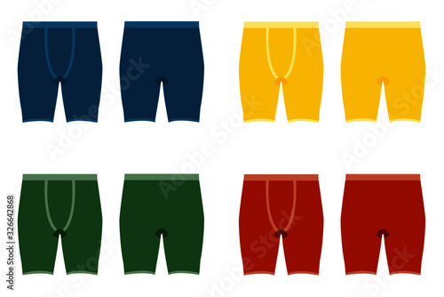 Set of men сolored Pants shorts. Underpants isolated on white background. Man underwear. Front and back views of men's underwear. Shorts. Kids clothes. Vector illustration
