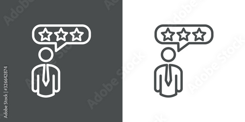 Símbolo evaluación. Icono plano hombre de negocios con estrellas en burbuja de habla en fondo gris y fondo blanco