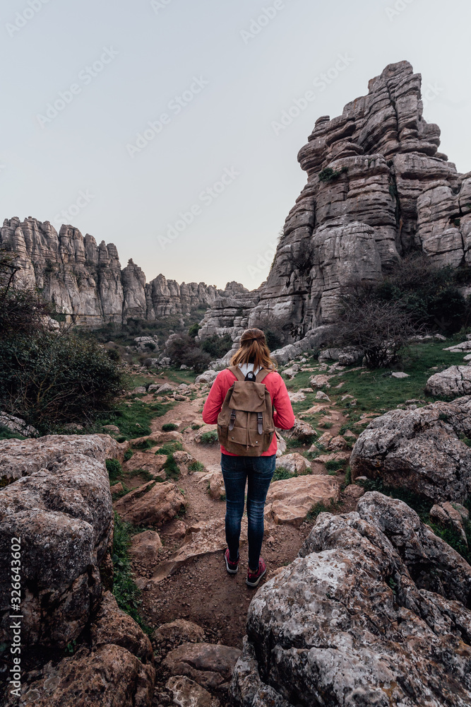 Young woman explorer with her backpack walking on the mountain. Concept of adventure, excursion and trips.