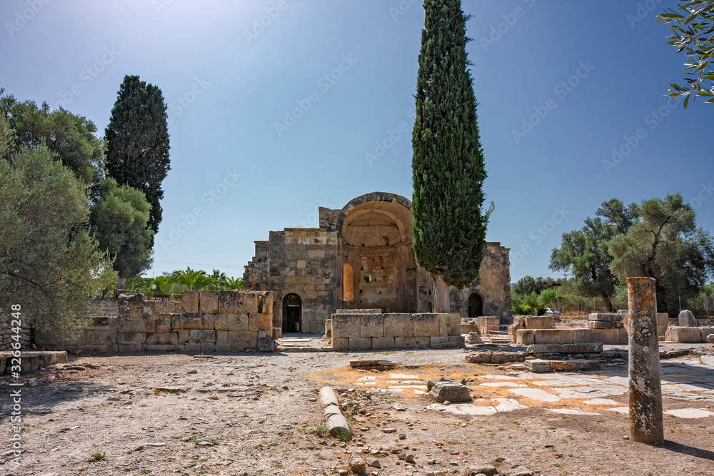Panoramic view of the ruins of the monuments of the archaeological site of Gortina, in Crete in Greece.