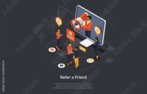 Isometric Refer a Friend Concept. Man Use Megaphone With Refer a Friend Word. People Are Sharing The Referral Code. Refferal marketing strategy. Loyalty Program, Referral Program. Vector illustration