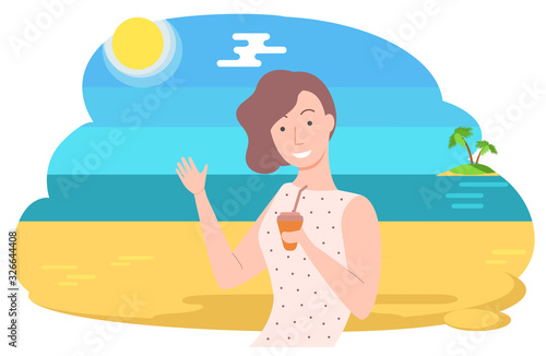 Seascape and woman vector, female character relaxing on coast, beach with water and palm tree. Sunshine and summer vibes, lady with plastic cup drink