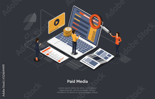 Paid Media Marketing Concept, Pay Per Click, PPC Campaign, Marketing platform, Online Documentation Inspection, Identity Development. Paid Media, Digital Auditing. Isometric Vector Illustration
