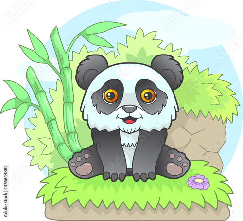 Fototapeta Naklejka Na Ścianę i Meble -  cartoon little cute panda sitting on the grass, funny illustration