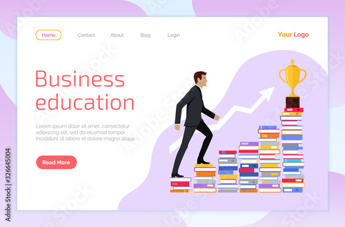 Business education for businessman. Self development and growth, knowledge base for business or startup. Training or master class on success. Website or webpage template, landing page vector