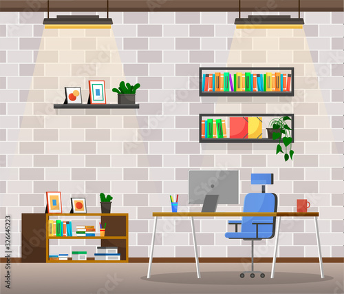 Office of boss or director. Working space of ceo executive of company. Table with personal computer and cup of coffee. Shelves with books and documents or files. Interior vector in flat style