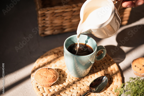 Close-up cup of coffee with milk photo