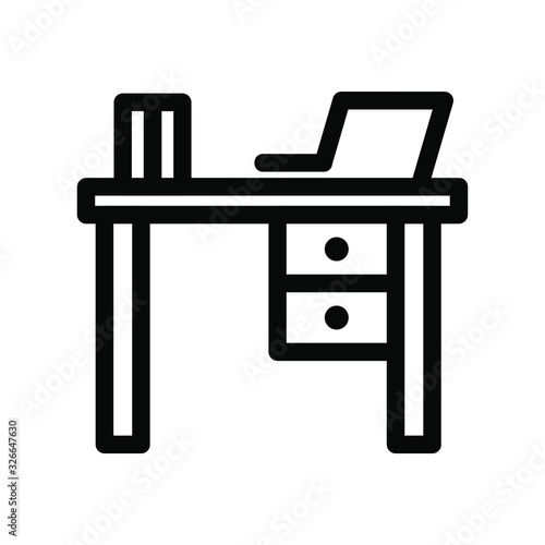 Office workplace with desktop computer icon. Work table with computer monitor and chair vector illustration